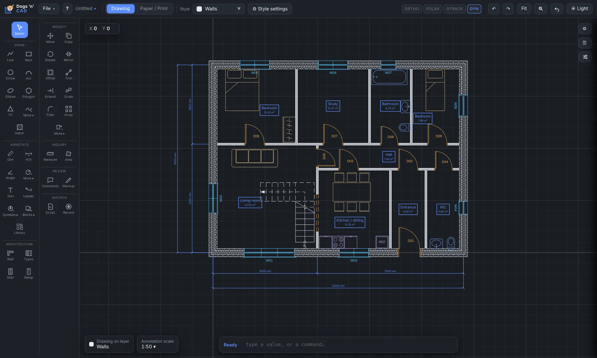 The Dogs ’n’ CAD app: a house floor plan with layered walls, doors, windows, a stair, rooms with areas and dimensions, with the tool rail on the left and the command line at the bottom